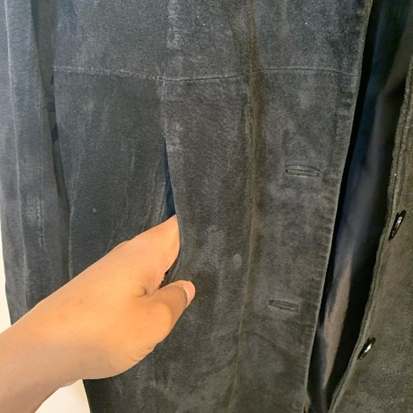 (r)elativity Vintage 90s Genuine Suede Black Leather Mid Length Button Down Coat - Picture 8 of 10